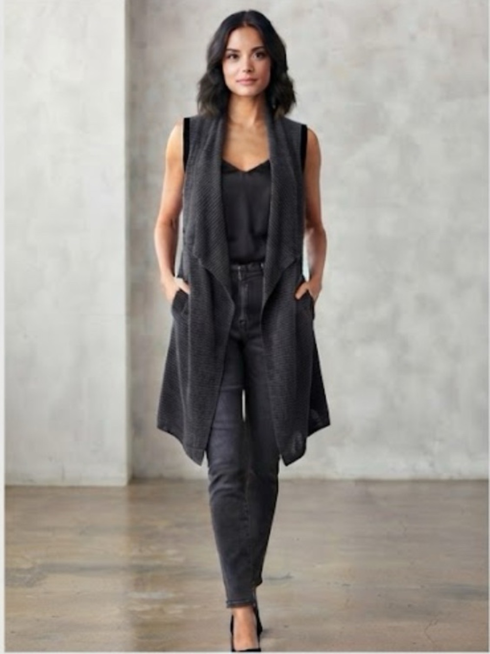 Cartise - Sleeveless Shawl Collar Charcoal Grey Wonen’s Long knit Vest